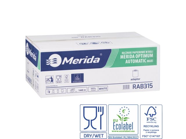 MERIDA OPTIMUM AUTOMATIC MAXI roll paper towel with adapter, white, diameter 19.5 cm, length 240 m, two-ply, box of 6 rolls, Ecolabel